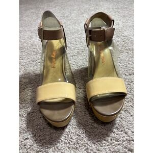 Luxury Rebel Fern Nude Tan Patent Leather Wood Platform Block Heel Sandals 37M